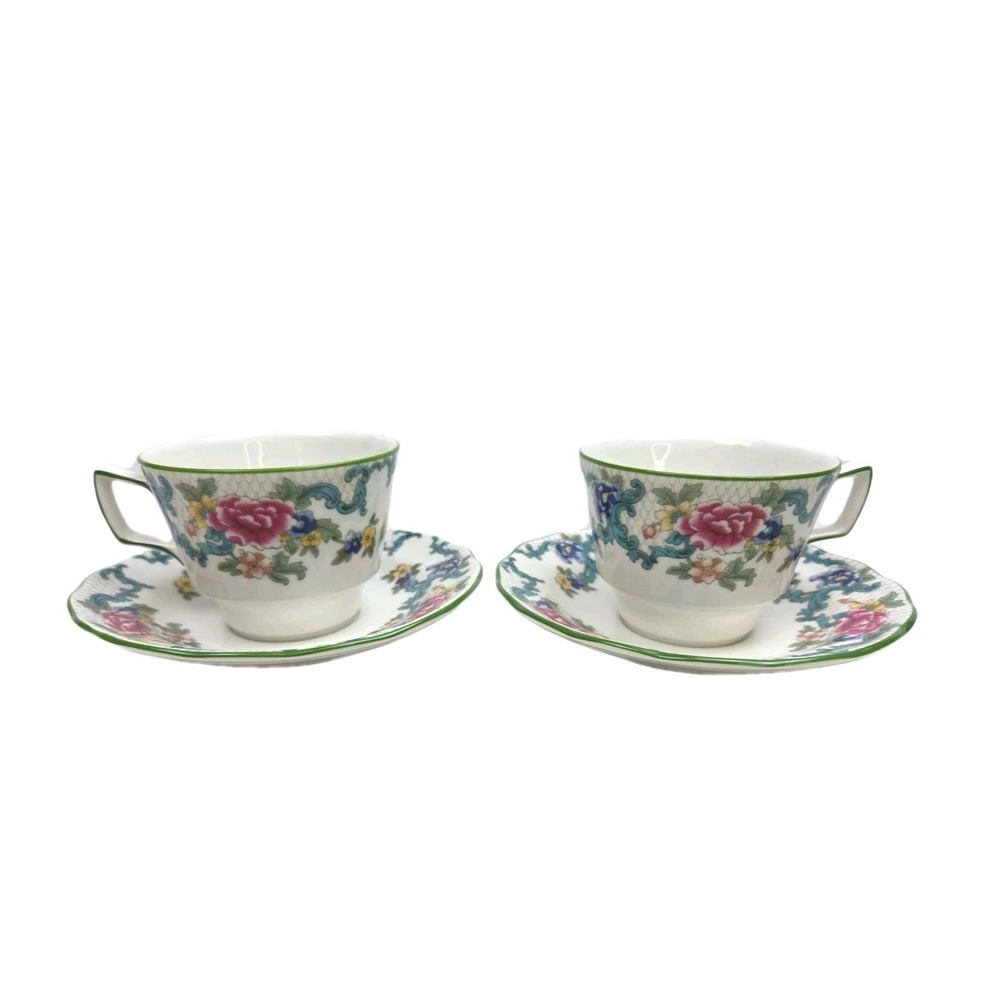 2 Royal‎ Doulton Floradora Green Flat Cup & Saucer Sets Floral Scalloped England